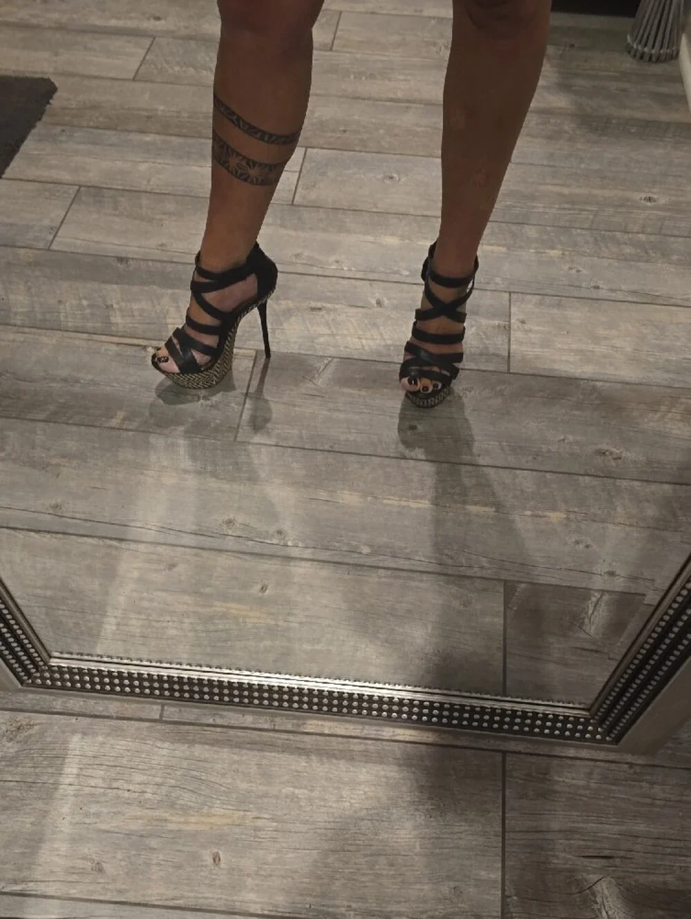 NWT Qupid Black Strappy Platform Heels with Woven Chevron Platform